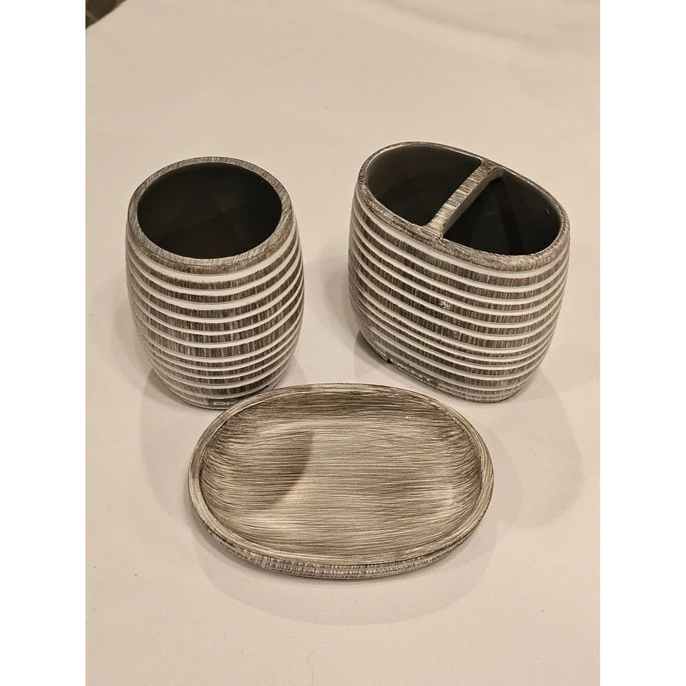 DKNY Neutral Striped Bathroom Accessory Set - 3 Piece